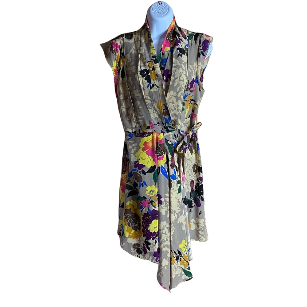 Pinkerton Anthropologie Rinzu Silk Asymmetrical Wrap Dress Tan Multicolor